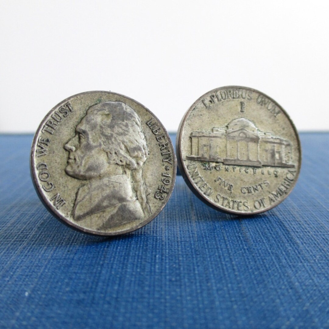 Boutons De Manchette Vintage En Pièces Nickel – Réutilisées De 1944, Thème Thomas Jefferson USA, Forme Coin, Argenté