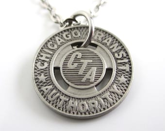 Chicago CTA Token Pendant Necklace - Repurposed Vintage Transit Token / Silver Tone Coin