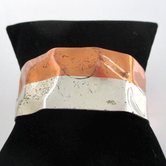Solid Copper and Sterling Silver Wavy Cuff Bracel… - image 1