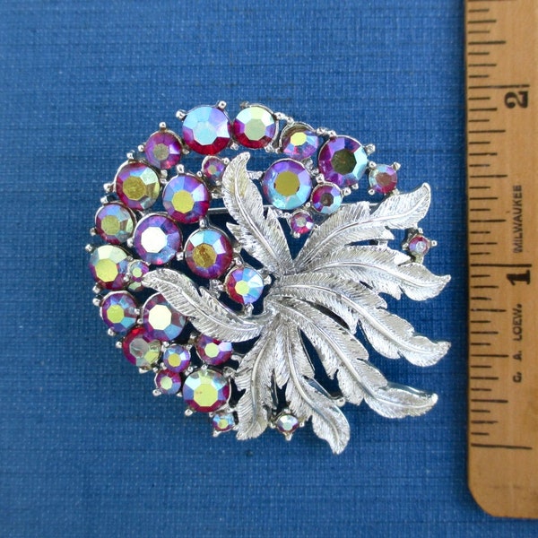 CORO Brooch / Pin w/ Colorful Aurora Borealis Stones - Vintage, Textured Silver Tone