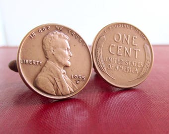 USA Coin Cuff Links - Repurposed Vintage US Wheat Penny Coins, Front & Back (Lightly Polished)
