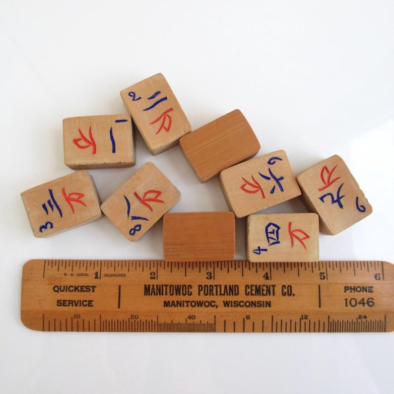 9 Mah Jong Tiles - Vintage / Antique Bamboo Ma Jiang / Mahjong Wan Chinese Character Tiles afbeelding 8