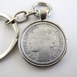 FRANCE Coin Keychain - Repurposed Vintage 1940&#39;s Silver Tone Coin, Larger 1 Franc Key Chain / Fob