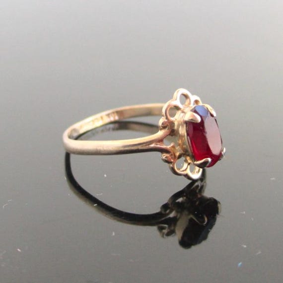 Tiny 10K Solid Yellow Gold Ring w/ Red Stone - Vi… - image 5