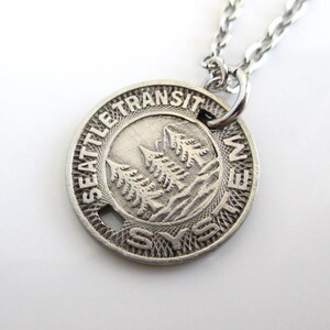 SEATTLE Transit Token Pendant Necklace - Repurposed Vintage 1940&#39;s Silver Tone Coin