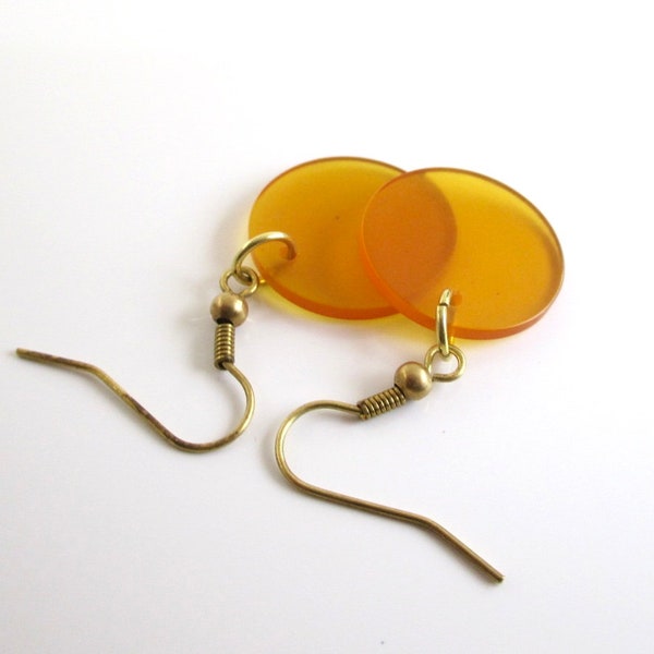 Light Orange Bakelite Pierced Earrings - Repurposed Vintage Translucent w/ Solid Brass Hardware - Small 3/4" Size Discs