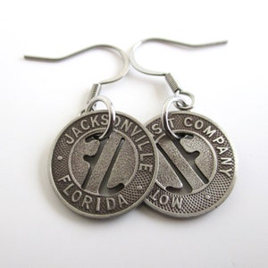 Jacksonville, FL Transit Token Pierced Earrings - Repurposed Vintage 1930&#39;s Silver Tone Dangling Coins (Unique &quot;FL&quot; or &quot;JF&quot; Cut-Out)