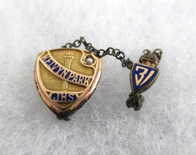 1931 Gold Filled Lapel Pin W/ Chain & Seed Pearl Vintage Kelvyn Park Junior High School Pin
