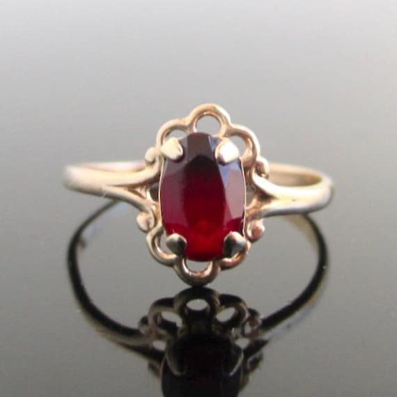 Tiny 10K Solid Yellow Gold Ring w/ Red Stone - Vi… - image 1