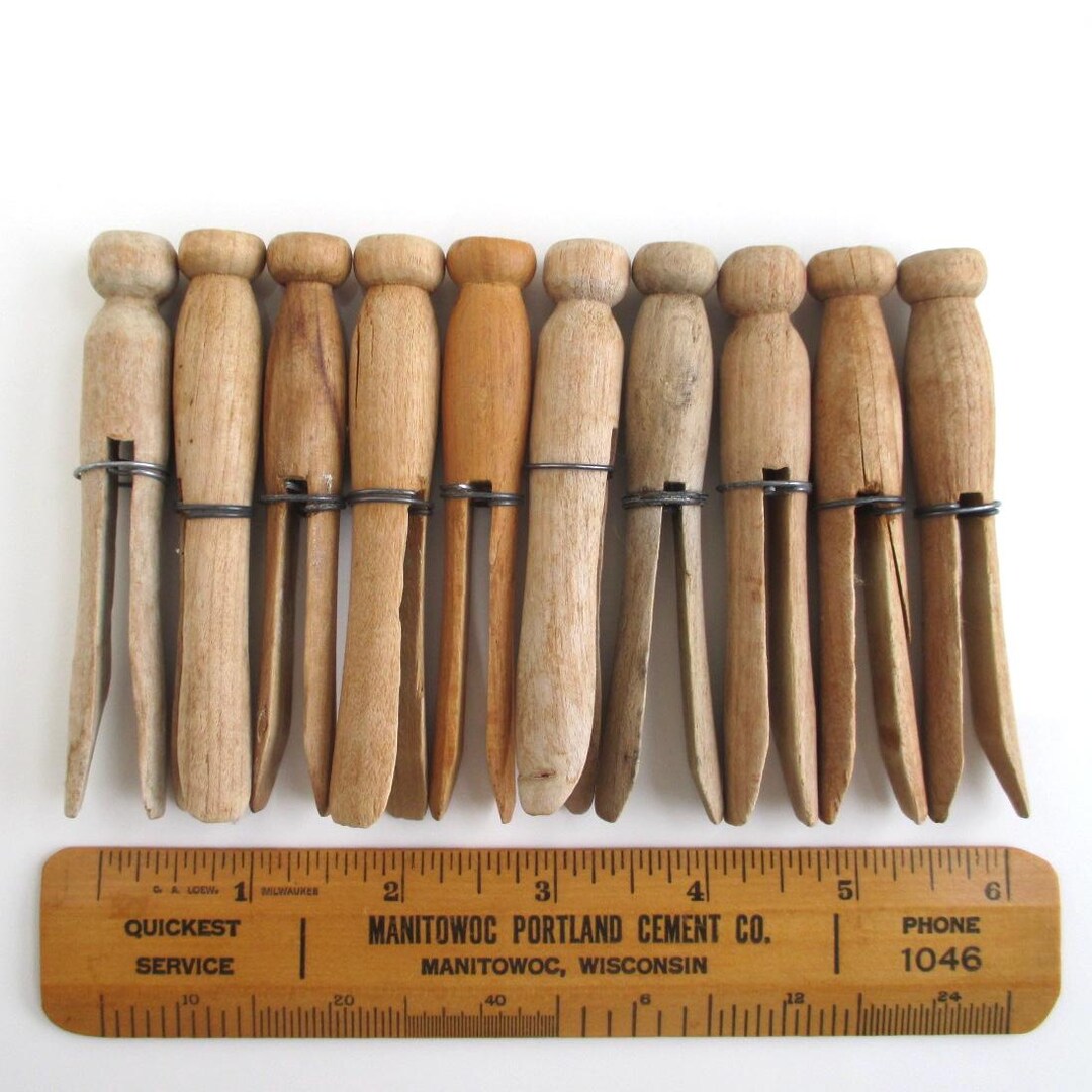 9 Round Wooden Clothes Pins W/ Metal Wire Bands - Vintage 4" & 4.5 ...