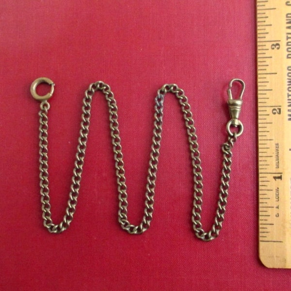 Gold Tone Pocket Watch Chain - Vintage, Dark Curb Link Chain w/ Double Clasp - 14.5" Long (Worn Solid Brass)