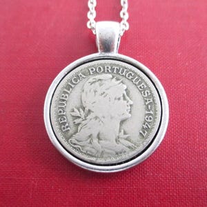 PORTUGAL Coin Pendant Necklace - Repurposed Vintage 1940&#39;s Silver Tone Republica Portuguesa Coin (Unpolished)