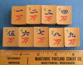 9 Mah Jong Tiles - Vintage / Antique Bamboo Ma Jiang / Mahjong Wan Character Tiles