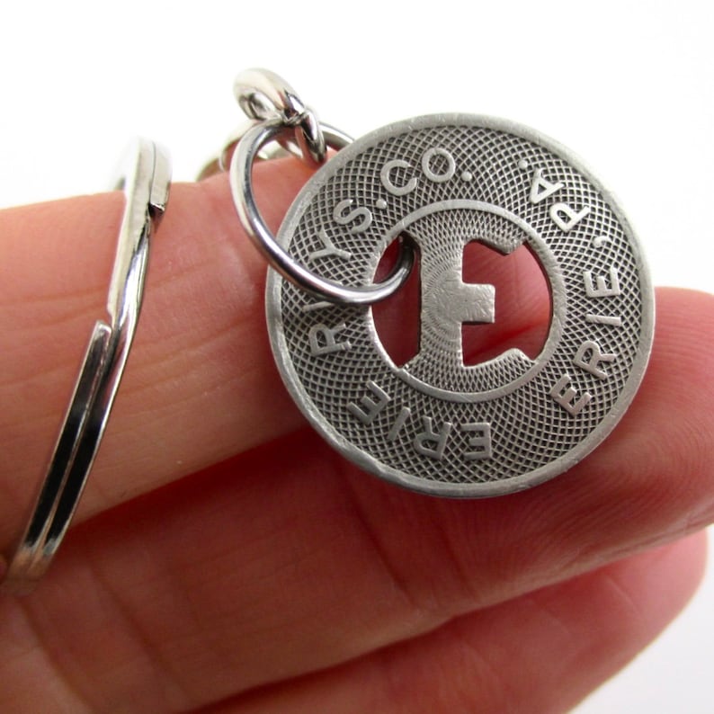 Erie PA Transit Token Keychain Repurposed Vintage Silver Tone Coin Key Chain Fob