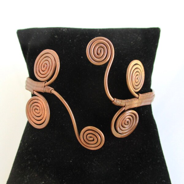 Handmade Curled Copper Cuff Bracelet - Vintage, Dark Natural Patina (Curled Spiral Design)