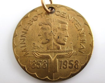 Big 1958 Minnesota Centennial Pendant / Medal / Fob - Twin Cities Federal Advertising