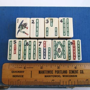 9 Mah Jong Tiles - Vintage / Antique Bone & Bamboo Ma Jiang / Mahjong Tiles with Dove Tail Joints