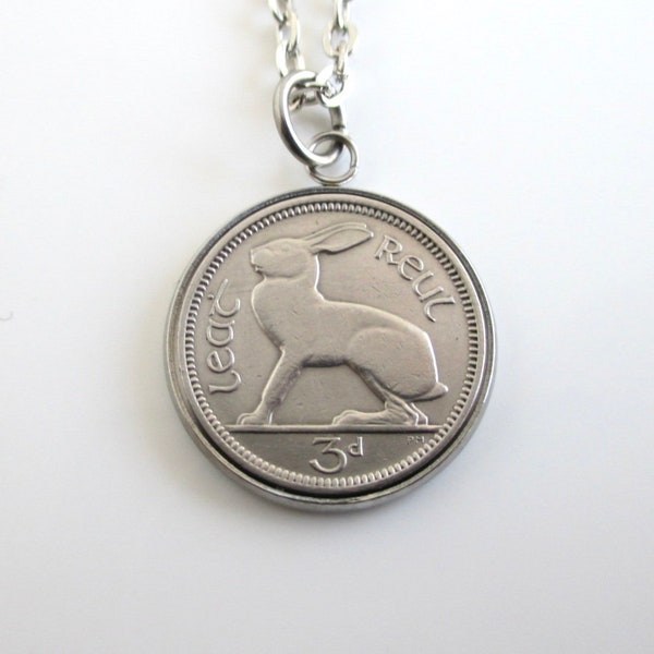 Irish Lucky Rabbit Coin Pendant Necklace - Repurposed Vintage Eire Ireland 3p Silver Tone Coin