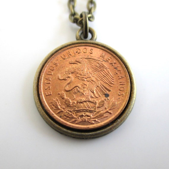 MEXICO Coin Pendant Necklace Repurposed Vintage Mexican Gold Tone