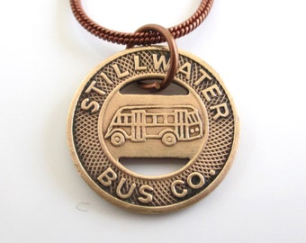 Stillwater OK Transit Token Pendant Necklace - Repurposed Vintage 1940's Solid Bronze Coin