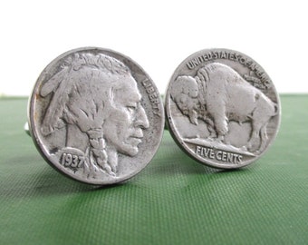 Indian Head / Buffalo Nickel Cuff Links - Repurposed Vintage USA Coins, Front & Back (Nice Details - Unpolished)