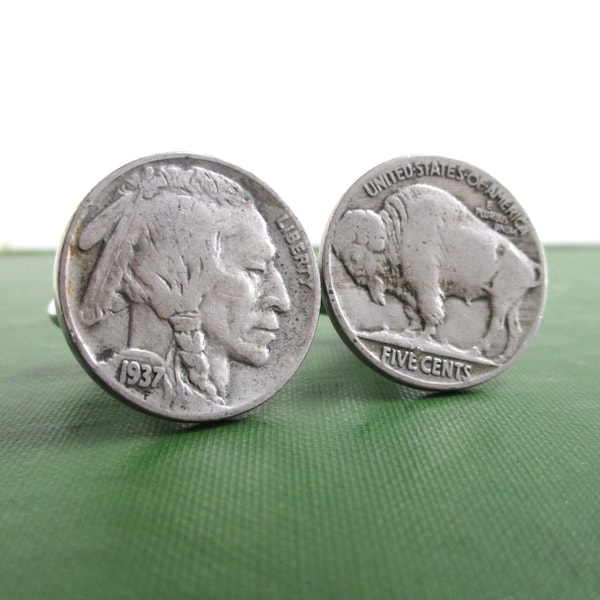 Indian Head / Buffalo Nickel Cuff Links - Repurposed Vintage USA Coins, Front & Back (Nice Details - Unpolished)