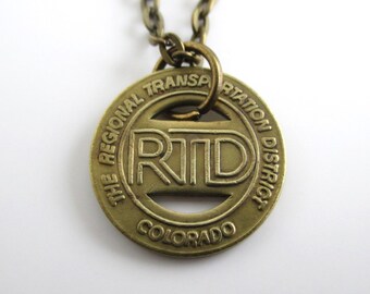 DENVER Transit Token Pendant Necklace - Repurposed Vintage Gold Tone Colorado Coin