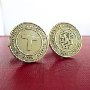 BOSTON T Token Cuff Links - Repurposed Vintage Gold Tone MBTA Coins (Front & Back)