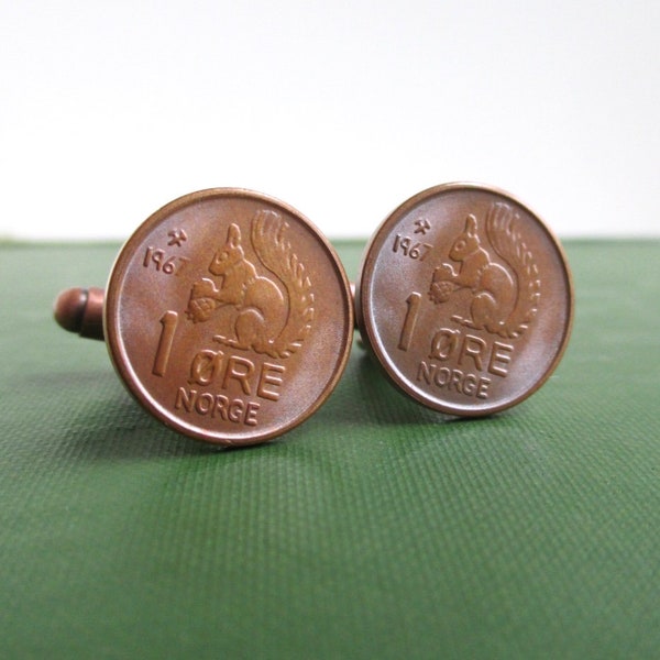 NORWAY Coin Cuff Links - Norge Bronze Repurposed Vintage Uncirculated Coins, Squirrel Design