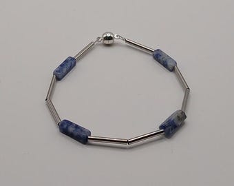 Blue Sodalite Bracelet: Minimalist Stainless Steel Geometric Design