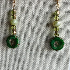 Czech Glass Flower Earrings: Sage & Olive Crystal Dangles