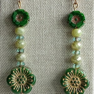 Green Czech Glass Flower Earrings: Artisan Blue Sage Crystals
