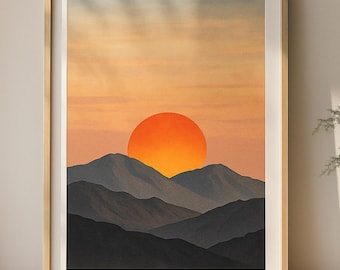 Minimalist Sunset Mountain Wall Art, Orange Sun Abstract Landscape Print, Boho Nature Bedroom Decor, Earth Tone Poster, Digital Download