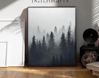 Foggy Forest Wall Art Black and White Pine Trees Poster Misty Nature Landscape Scandinavian Minimalist Photography Digital Download