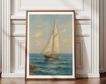 Sailboat Ocean Painting Nautical Seascape Wall Art Coastal Decor Beach House Print Vintage Sailing Maritime Poster