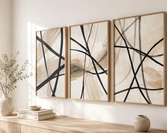 Set of 3 Abstract Wall Art Prints, Neutral Beige and Black Minimalist Line Art