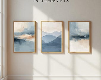 Conjunto de 3 quadros abstratos em tons de azul e bege com textura moderna, minimalista e contemporânea, para impressão, decoração neutra para casa.