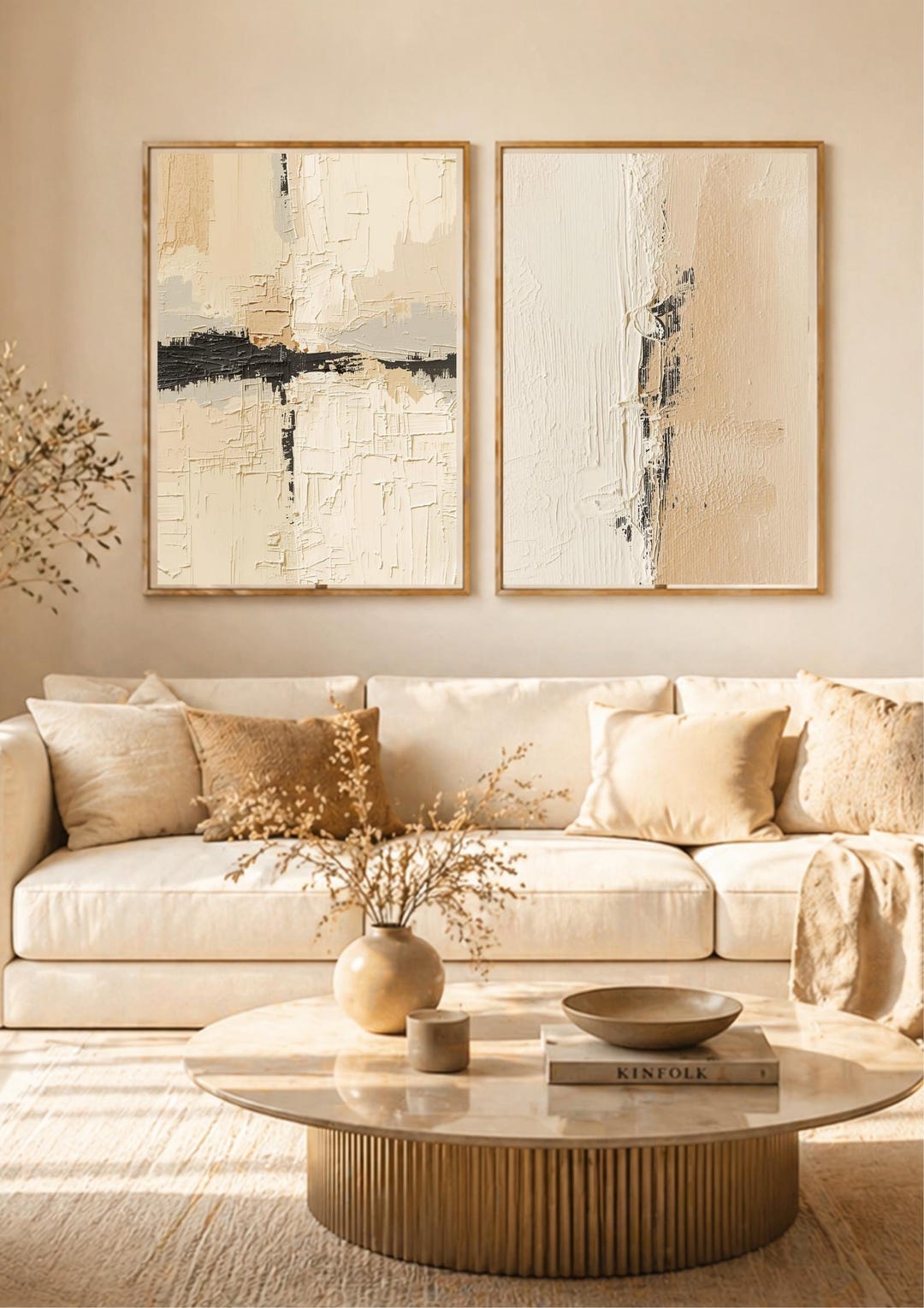 Set of 2 Neutral Abstract Wall Decor, Beige Textured Art Print ...
