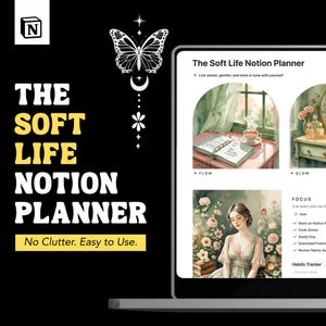 Könnte beinhalten: Ein Laptop-Bildschirm zeigt "The Soft Life Notion Planner" mit Aquarellillustrationen. Der Text "No Clutter. Easy to Use." steht unter dem Titel. Auf der linken Seite befindet sich ein Schmetterling und ein Himmelsdesign.