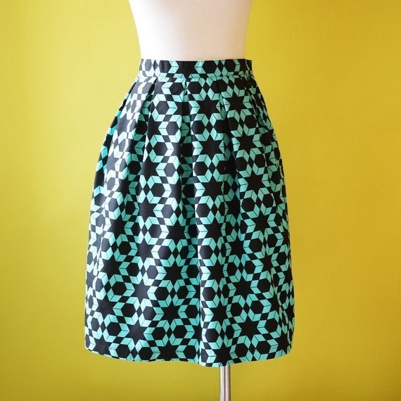 Retro geomatric skirt turquoise and black pattern elasticated | Etsy