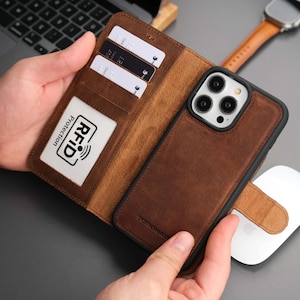 Funda tipo cartera para iPhone 16 Pro Max - Piel auténtica de plena flor - Bloqueo RFID y compatible con MagSafe - Soporte - Tarjetero - Marrón anticuado