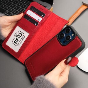 Funda tipo cartera para iPhone 16 Pro Max - Piel auténtica de plena flor - Bloqueo RFID y compatible con MagSafe - Soporte - Tarjetero - Rojo