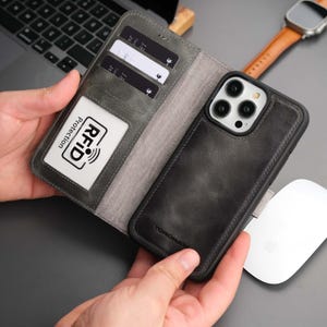 Funda tipo cartera para iPhone 15 Pro Max - Piel auténtica de plena flor - Bloqueo RFID y compatible con MagSafe - Soporte - Tarjetero - Gris