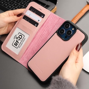 Funda tipo cartera para iPhone 16 Pro Max - Piel auténtica de plena flor - Bloqueo RFID y compatible con MagSafe - Soporte - Tarjetero - Rosa
