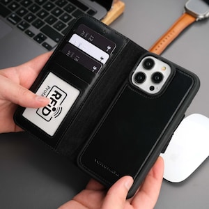 Funda tipo cartera para iPhone 16 Pro - Piel auténtica de plena flor - Bloqueo RFID y compatible con MagSafe - Soporte - Tarjetero - Negro rústico