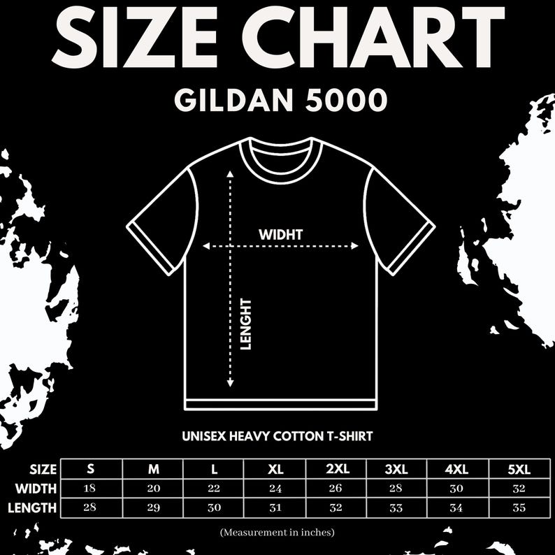 K&ouml;nnte beinhalten: Eine schwarz-wei&szlig;e Gr&ouml;&szlig;entabelle f&uuml;r ein Gildan 5000 Unisex-Heavy-Cotton-T-Shirt. Die Tabelle zeigt die Ma&szlig;e in Zoll f&uuml;r die Gr&ouml;&szlig;en S bis 5XL, einschlie&szlig;lich Breite und L&auml;nge. Der Text "SIZE CHART" und "GILDAN 5000" ist enthalten.