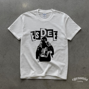May include: White t-shirt with a black graphic featuring the word "ESDEE" above a black and white illustration of a person wearing a balaclava. The shirt has a crew neck and short sleeves. The brand name "egenomia clothing" is printed at the bottom right.