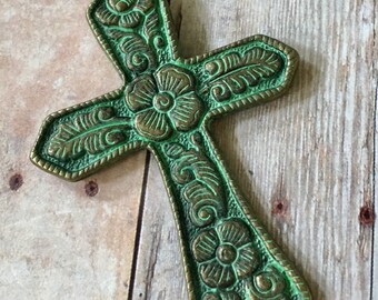 Cross Ornate Turquoise GREEN Patina Floral Gold Pewter