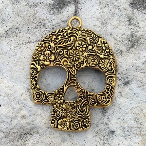 SKULL Large Shiny Gold Pewter Metal Ornate Pendant image 3