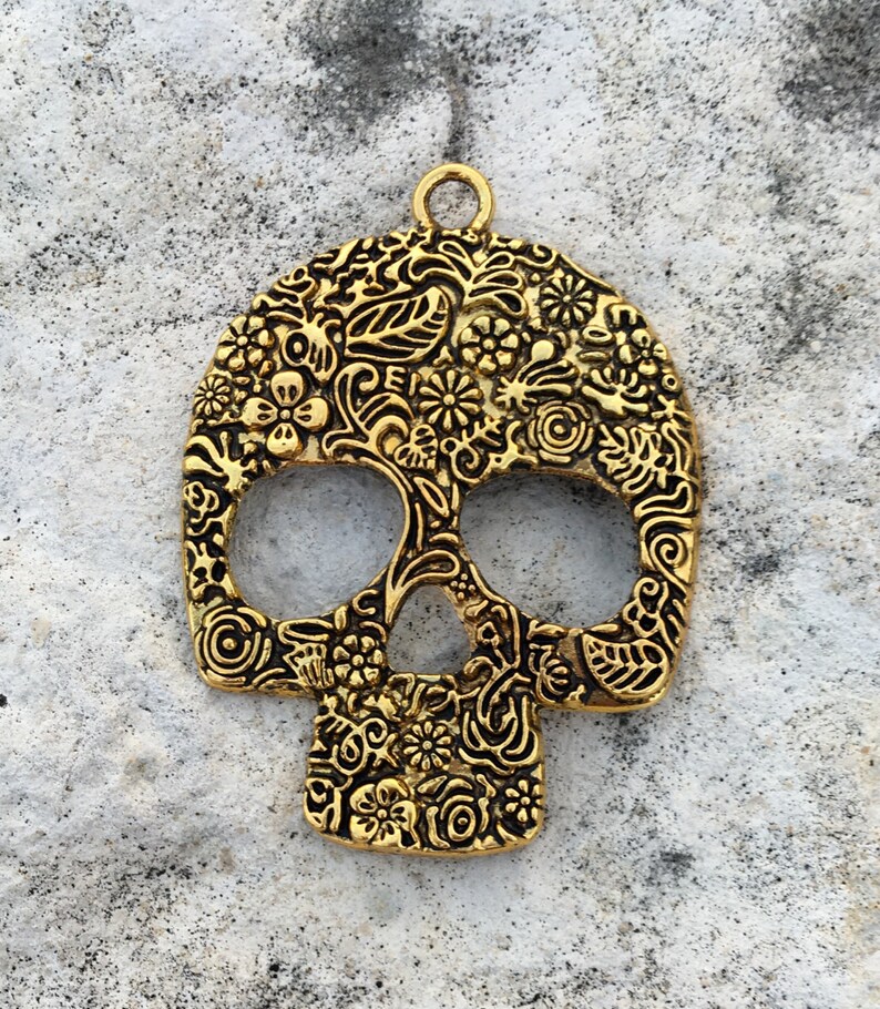 SKULL Large Shiny Gold Pewter Metal Ornate Pendant image 3